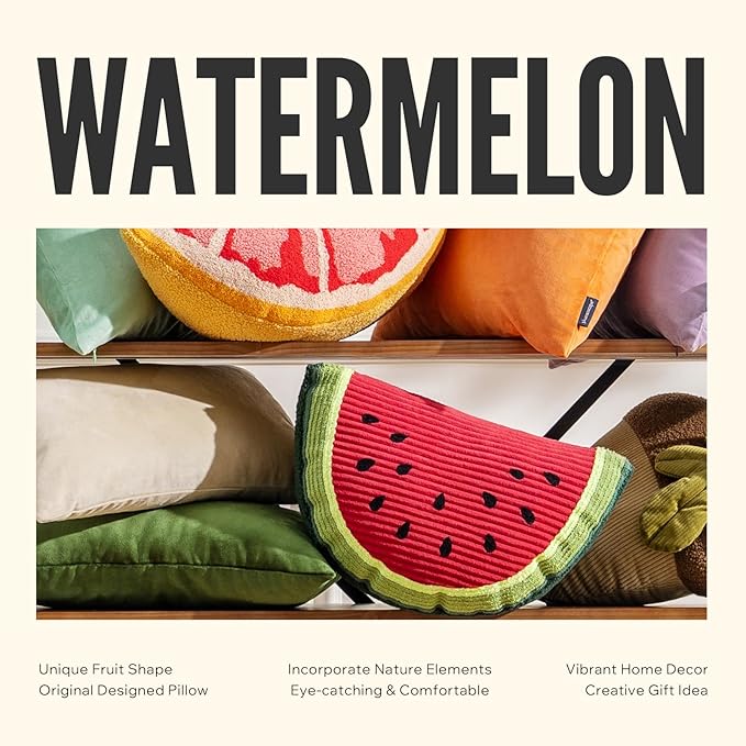 Phantoscope Fruit Shaped Pillows Series Watermelon Shaped Throw Pillow, Fun Home Decor of Fruit Themed Shaped Cushions, Decorative Shaped Pillow for Couch Bed and Chair, Red and Green, 18 x10 inches
