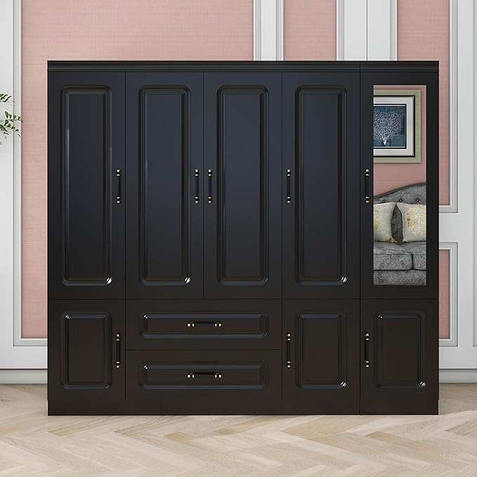 GraceGrove Armoire Wardrobe Closet with Mirror and 2 Drawers, Bedroom Cabinet with 5 Doors and Hanging Rods, Wood Wardrobe Closet with Large Storage, Armoires and Wardrobes for Bedroom Black