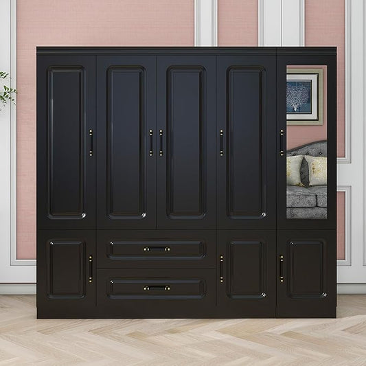 GraceGrove Armoire Wardrobe Closet with Mirror and 2 Drawers, Bedroom Cabinet with 5 Doors and Hanging Rods, Wood Wardrobe Closet with Large Storage, Armoires and Wardrobes for Bedroom Black