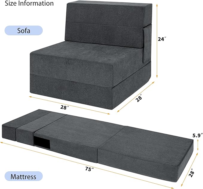 Folding Sofa Bed Chair with Pillow,Convertible Fold Out Chair Bed Sleeper,Foam Floor Mattress, Foldable Futon Couch Bed for Living Room/Dorm/Guest/Office (Grey, Single)