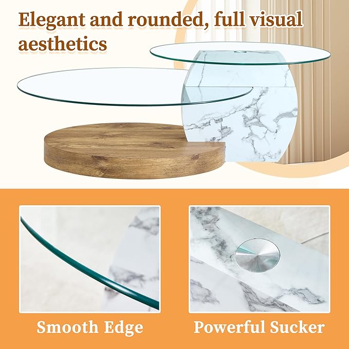 Ebullient Glass Coffee Table, 47" Oval Coffee Table, 2-Tier Glass Tabletop with Wood Base, Easy to Maintain and Assemble, Ideal for Dining Room, Living Room
