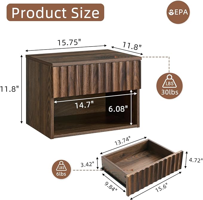 BuildHom Floating Nightstand with Fluted Drawer - Modern Wall Mounted Bedside Table with Open Storage Shelf, Small Night Stand for Bedroom(Walnut) - Image 2