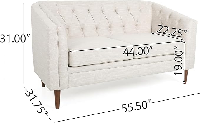 Christopher Knight Home Contemporary Tufted and Diamond Stitching Fabric Loveseat,Tub-Design 2-Seater Sofa, Removable Cushions, Birch Wood Legs, Square Arms, Beige and Espresso