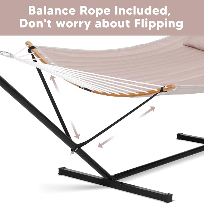SUNCREAT 55 Inch Large Double Hammock with Stand, 450lbs Capacity, Outdoor Portable Hammock with Curved Spreader Bar, Extra Large Pillow, Tan - Image 4