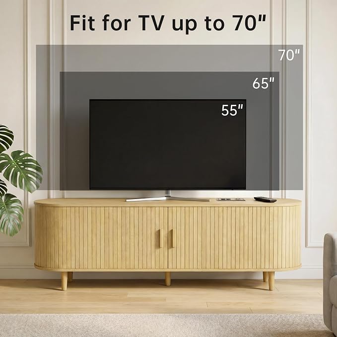 65" Mid Century Modern TV Stand, Wood TV Consoles with Sliding Doors and Power Outlet, Fluted Entertainment Center with Adjustable Shelves, Media Console for Living Room, Oak - Image 6