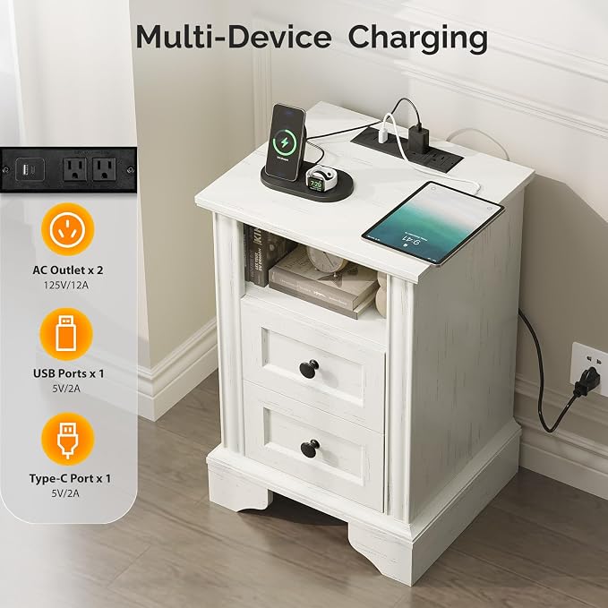 VINGLI White Nightstand with Charging Station, Wood Bedside Table with Drawers, End Table, 15.74" W x 13.78" D x 23.62" H - Image 3