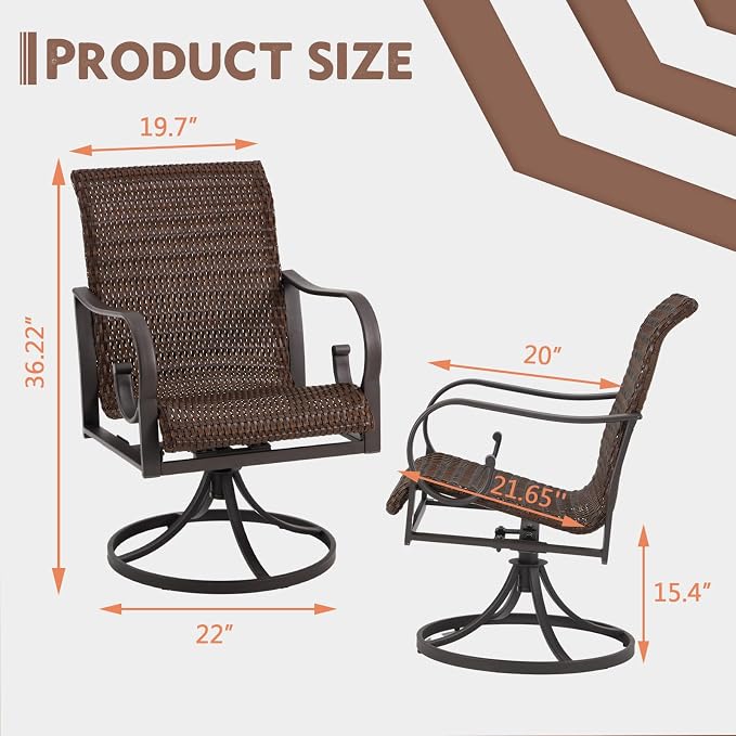 EROMMY Patio Swivel Chairs Set of 6, Heavy Duty Outdoor Dining Chair with 23.5'' High Back, Extra-Large Water-Fall Seat, Rattan Wicker Porch Chair Gentle Rocker for Outside, Dark Brown - Image 3