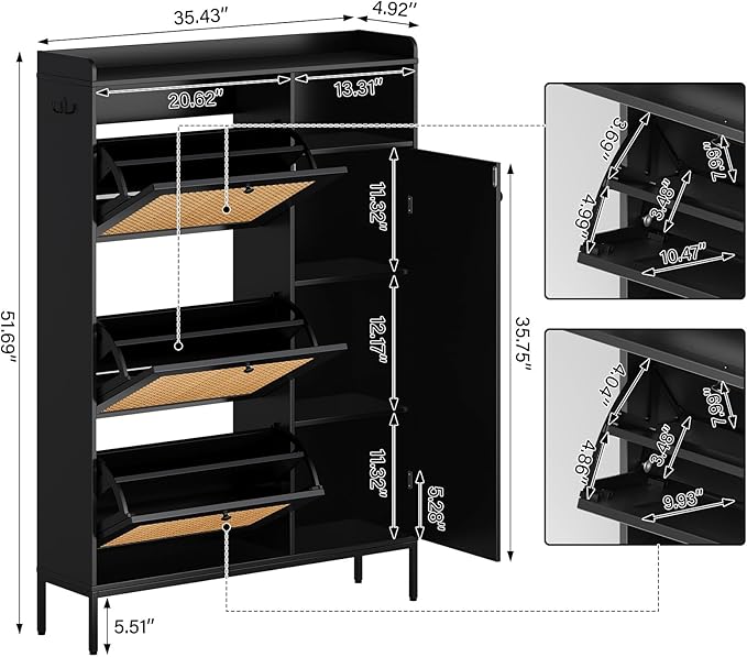 GarveeLife 3-Tier Rattan Shoe Cabinet with Flip Drawers, Adjustable Shelves and Narrow Storage Design, Perfect for Entryways, Hallways, and Bedroom Organization in Wood
