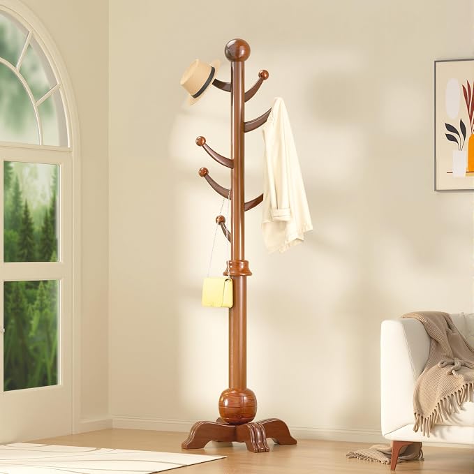 Hall Tree, Freestanding Wood Tree Rack with 7 Hooks, Coat Rack with Stable Sphere Base, Wooden Coat Rack Stand, Load 210 lb, Coat Hanger Stand for Entryway, Hallway, Bedroom (Natural) by TTVACVX