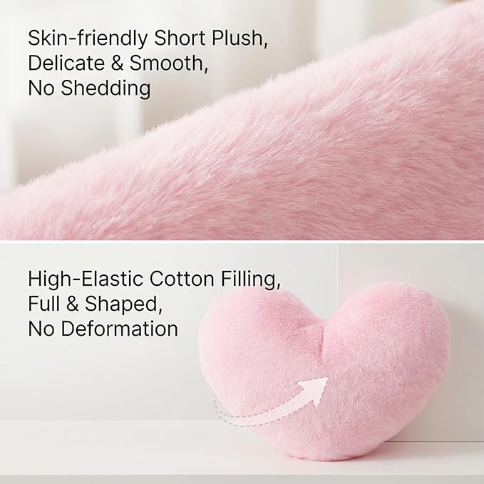 RAINFLOW Decorative Heart Pillow – Throw Pillow for Room Decor, Pink Throw Pillows Plush Faux Fur, Decorative Pillows for Bed Couch Bedroom, Christmas Pillows Gift