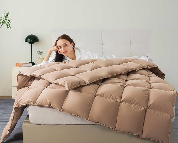 Puffy White Feather Comforter Oversized King Size with Feathers Down Fiber Filled, All Season Feather Duvet Insert, 100% Cotton Luxury Hotel Collection, 8 Corner Loops