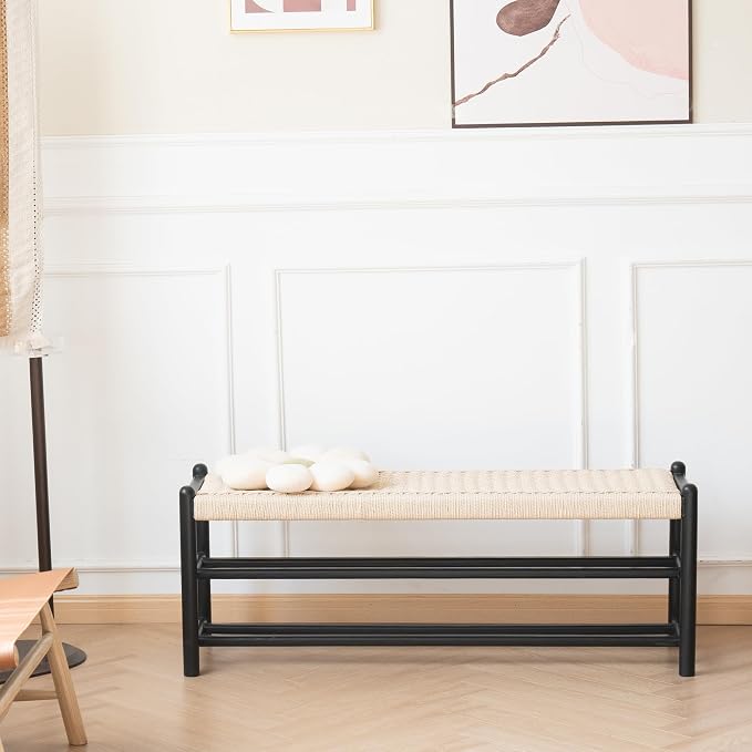Solid Wood Entryway Bench with Shoe Storage, Rustic Oak Wood and Woven Design 45 Inch Long Seating for Living and Dining Rooms, 3-Tier Black - Image 3