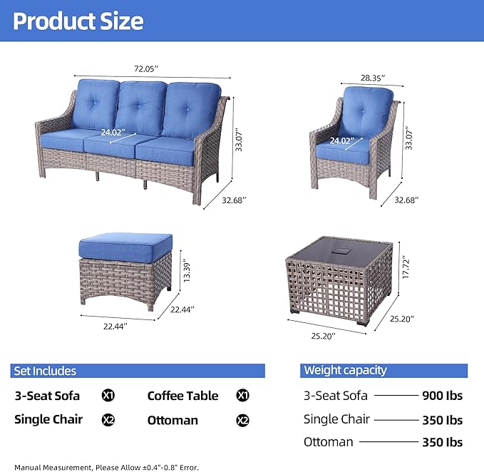 HOOOWOOO 6 Piece Patio Furniture Conversation Sets with Sola Light Table,Outdoor Wicker Furniture with Ottoman, All Weather Resistant Outside High Back Rattan Patio Set(Diamond Blue)