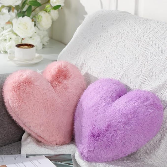 Marsui 2 Pcs Heart Throw Pillows, Soft Fluffy Faux Fur Decorative Hearts Shaped Pillows for Living Room Sofa Bed, Cute Heart Themed Gift for Women(Pink, Purple,11.81 x 11.02 Inch)