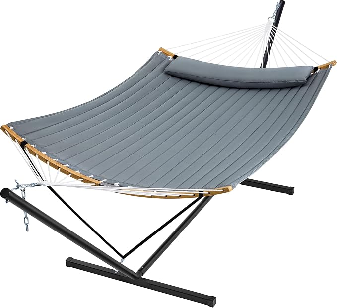 SUPERJARE Hammock with Stand, 2 Person Heavy Duty Hammock with Padded Cotton, Detachable Pillow & Strong Curved-Bar & Portable Carrying Bag, Perfect for Outdoor & Indoor, Neutral Gray by SUPERJARE