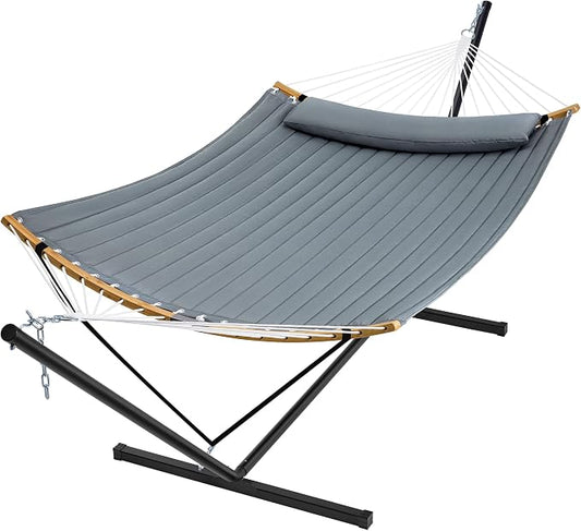 SUPERJARE Hammock with Stand, 2 Person Heavy Duty Hammock with Padded Cotton, Detachable Pillow & Strong Curved-Bar & Portable Carrying Bag, Perfect for Outdoor & Indoor, Neutral Gray by SUPERJARE