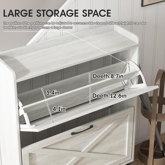Maupvit Shoe Storage Cabinet with 2 Flip Drawers, Freestanding Organizer with Metal Legs for Entryway, Narrow Shoe Rack Cabinet, Beige - Image 6