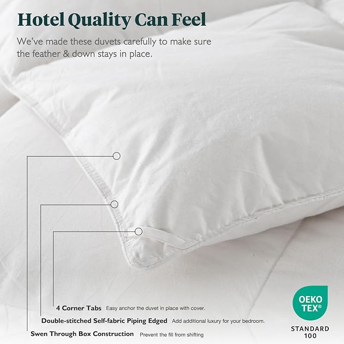 Feathers & Down Comforter, Organic Duvet Insert, 100% Cotton Shell, Ethically-sourced Feathers and Down Filler, All Season Warm, King Size, White