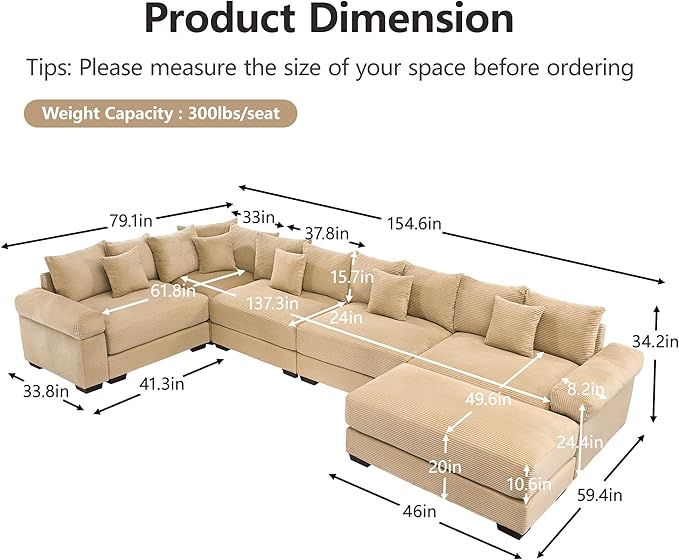 KEIKI 146" U-Shaped Oversized Corduroy Modular Cloud Sectional Sofa with 1 Ottoman, High-Density Foam Cushion, Extra-Thick Armrest, 5-Seater Fluffy Corner Couch with 18 Pillow, for Living Room, Camel
