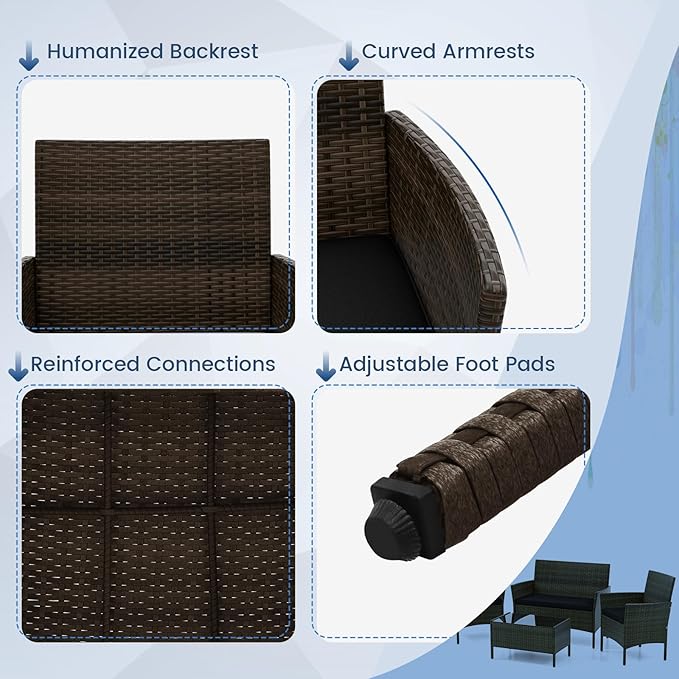 DORTALA Wicker Patio Furniture Set 4 Piece, Outdoor PE Rattan Table & Chairs Set with Tempered Glass Coffee Table, Loveseat, Cushions, Conversation Set for Balcony, Porch, Backyard, Deck, Black