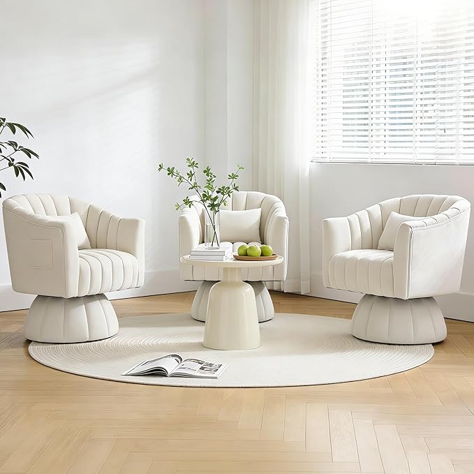 ClinQ Swivel Barrel Chair with Pillow & Side Pocket Set of 2, 360° Cloud Velvet Round Swivel Accent Chair, Cuddle Reading Lounge Chair for the Living Room, Bedroom, Office, White-Vertical Stripes
