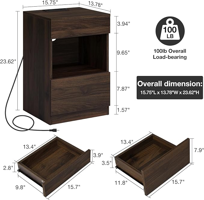 HOMMPA Set of 2 Open Shelf LED Nightstands with Charging Station Dark Walnut 2 Drawers Bedside Tables with Led Light Night Stands with Storage Smart Nightstads Wood Night Table Mid Century for Bedroom - Image 2