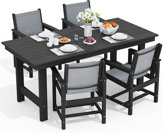 SERWALL 5 Piece Patio Dining Sets, Outdoor HDPE Dining Furniture Set with Umbrella Hole Cut-Out Table and 4 Woven Chairs, Gray by SERWALL