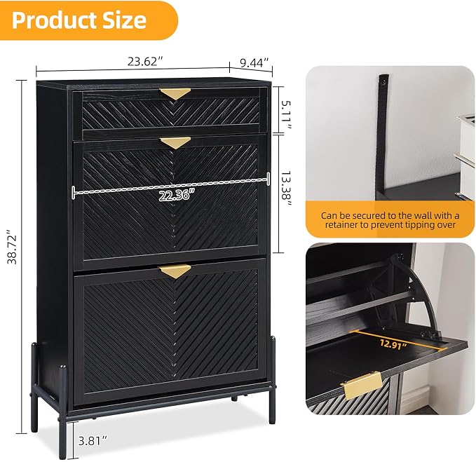 Shoe Cabinet Storage with 2 Flip Drawers, Narrow Hidden Shoes Organizer Cabinet for Entryway, Freestanding Slim Shoe Rack Front Door Entrance(Black) - Image 2