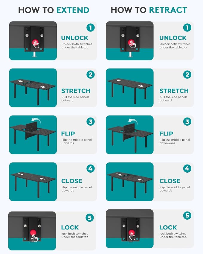 SERWALL Outdoor Expandable Dining Table 60" - 83", Patio Dining Table for 4-10 People, All Weather HDPE and Aluminum Outdoor Furniture, Black - Image 9