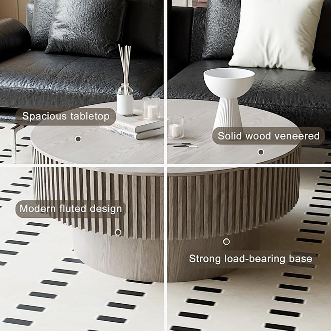 Round Coffee Table with Storage, Modern Wooden Coffee Table with Solid Wood Veneered, Circle Center Table Accent Tea Table for Living Room Apartment Small Space (31.5''L × 31.5''W × 14''H, Grey)