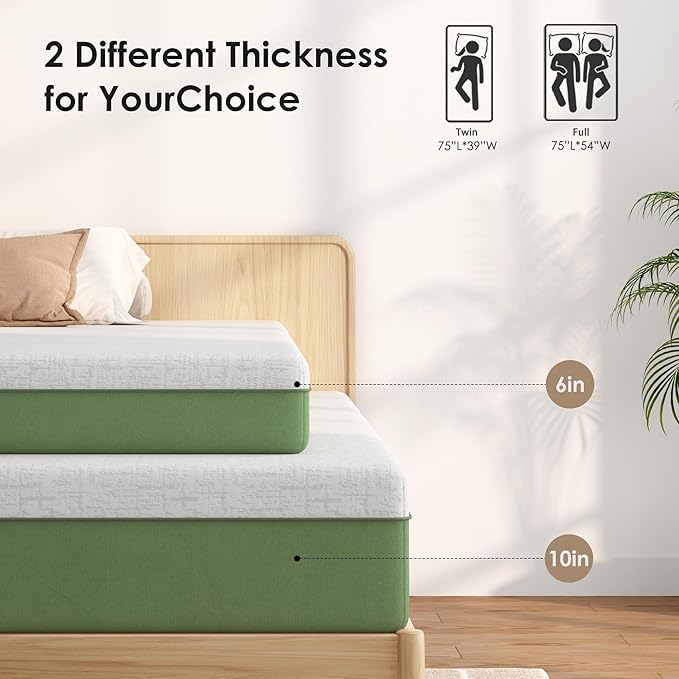 10 Inch Twin Size Mattress for Dorms, Daybeds, Living Room, Guest Rooms, Gel Memory Foam Mattress, Medium Firm, Removable Washable Cover