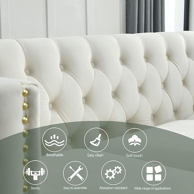 KEIKI Tufted Velvet 3 Seat Sofa Couch for Living Room, Buttons Tufted Square Arm Couch for Home Apartment, Beige