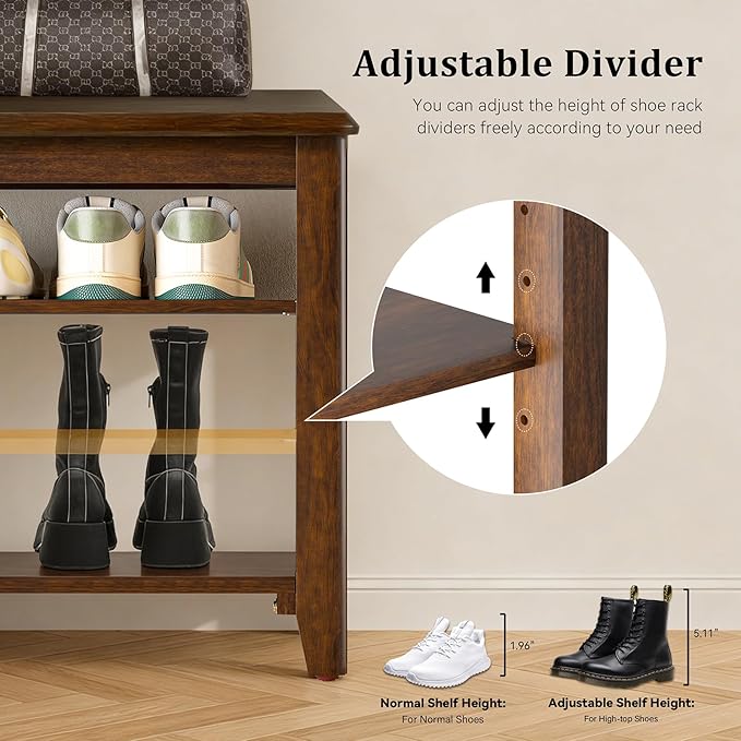 Taitiy Shoe Bench Storage Rubberwood, Entryway Bench with 3-Tiers Height Adjustable, Shoe Rack Front Door Entrance Organizer for Hallway Living Room, Mudrooms, Walnut,23.6" - Image 5