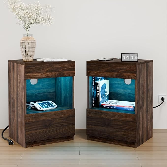 HOMMPA Set of 2 Open Shelf LED Nightstands with Charging Station Dark Walnut 2 Drawers Bedside Tables with Led Light Night Stands with Storage Smart Nightstads Wood Night Table Mid Century for Bedroom by Hommpa