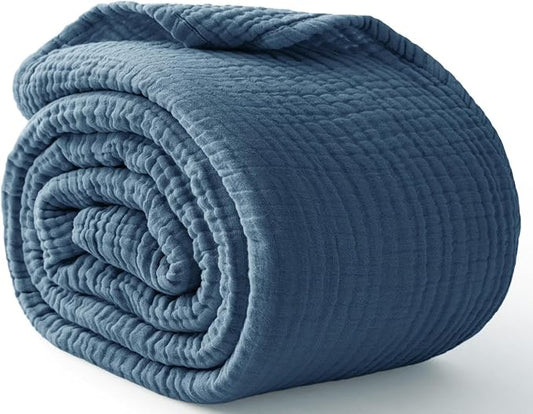 100% Cotton Light Blue Throw Blanket 50" x 70", 6 Layers Large Breathable and Lightweight Cotton Blanket for Bed and Couch, Soft Quilt Bedspread, Gauze Blanket for Adults All Season, Blue