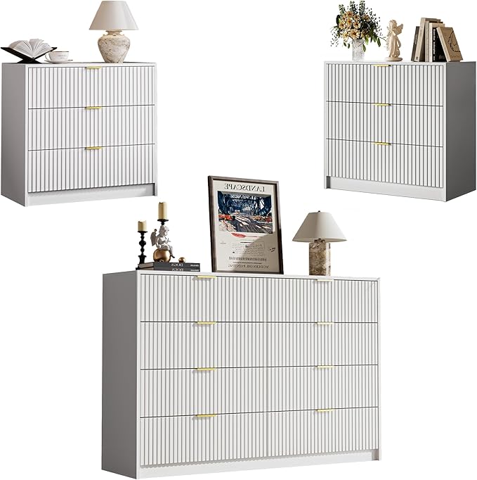 MAISONARIA 3-Piece Dresser Bedroom Set, 8 Drawer Dresser & 3 Drawer Nightstands with Gold Handles, Fluted Wood Chest of Drawers for Bedroom, Living Room, Entryway, White