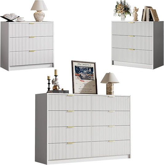 MAISONARIA 3-Piece Dresser Bedroom Set, 8 Drawer Dresser & 3 Drawer Nightstands with Gold Handles, Fluted Wood Chest of Drawers for Bedroom, Living Room, Entryway, White
