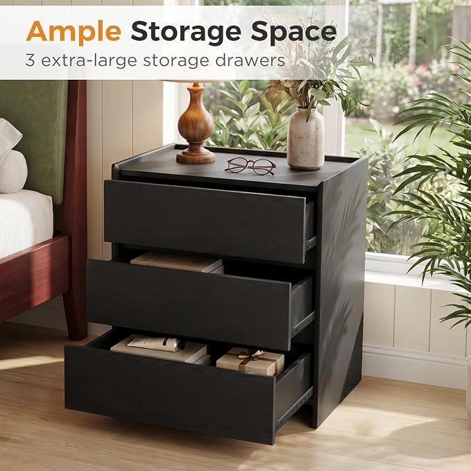 Nightstand Set of 2 with 3 Drawers, Modern with Spacious Storage Cabinet, Night Stand for Bedroom, 23.6" W x 15.6" D x 25.2" H,Black - Image 4