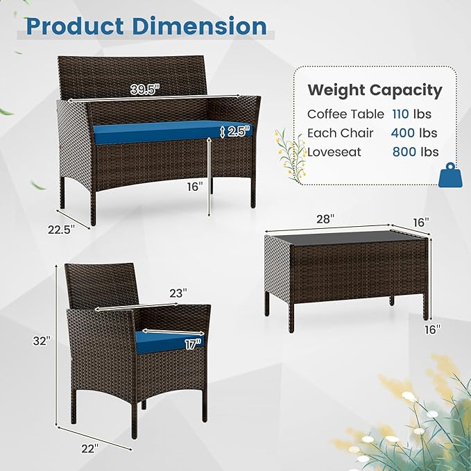 DORTALA Wicker Patio Furniture Set 4 Piece, Outdoor PE Rattan Table & Chairs Set with Tempered Glass Coffee Table, Loveseat, Cushions, Conversation Set for Balcony, Porch, Backyard, Deck, Peacock Blue