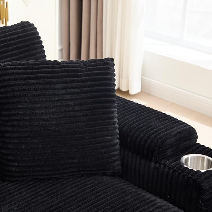 KEIKI 4 Seat Combination Sofa Bed Set, Chaise Lounge Sofa with Armrest Storage, Cupholders, USB, Deep Seat Sleeper Couch Reading Chairs for Living Room, Black