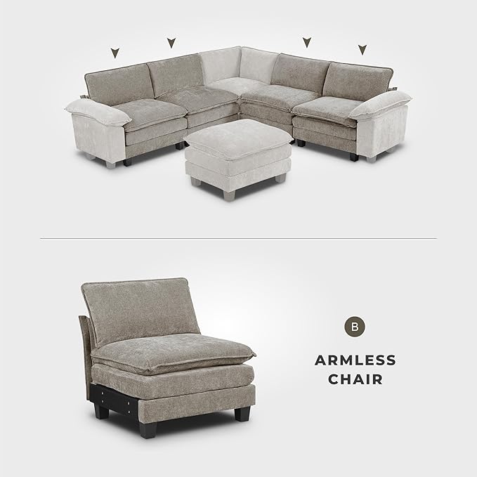 Lexicon Modular Sectional Sofa, Module for Sectional Couch, Armless Chair, Removable Cushion Cover, Soft Upholstery, Durable Frame, Customizable Comfort, Chenille Dark Pewter