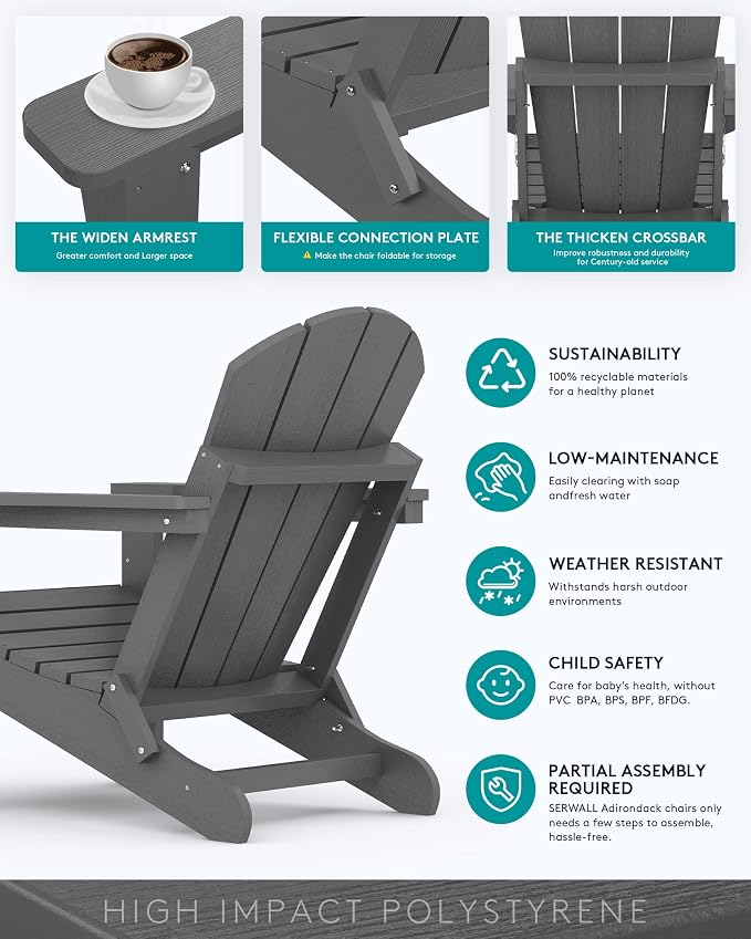 SERWALL Folding Adirondack Chair Set of 6 Weather Resistant Patio Chairs with Wood Texture Fire Pit Chairs- (Folding Gray) - Image 5