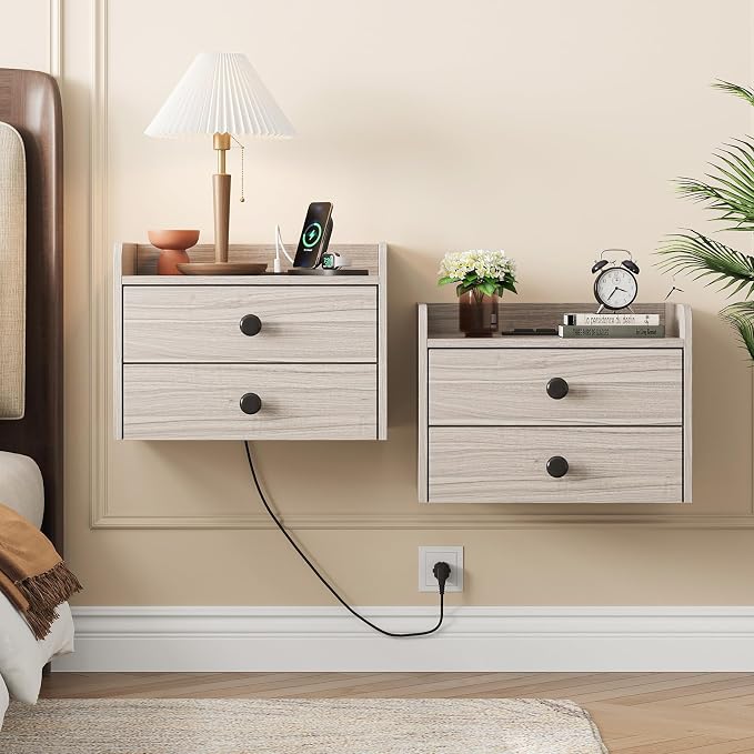Floating Nightstand Set of 2 with 2 Storage Drawers and Charging Station Wood Wall Mounted Bedside End Table Modern Night Stands Set 2 for Bedroom,Small Space,Grey Black - Image 8