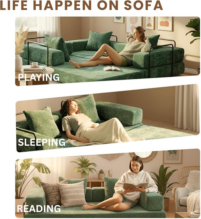 Alpen 77" Convertable Sleeper Sofa, 4-in-1 Pull Out Couch Bed with L-Shaped Armrests, Futon Sofa Bed Queen Size Sleeper Mattress Fold Out Comfy Lounge for Living Room Bedroom, Green
