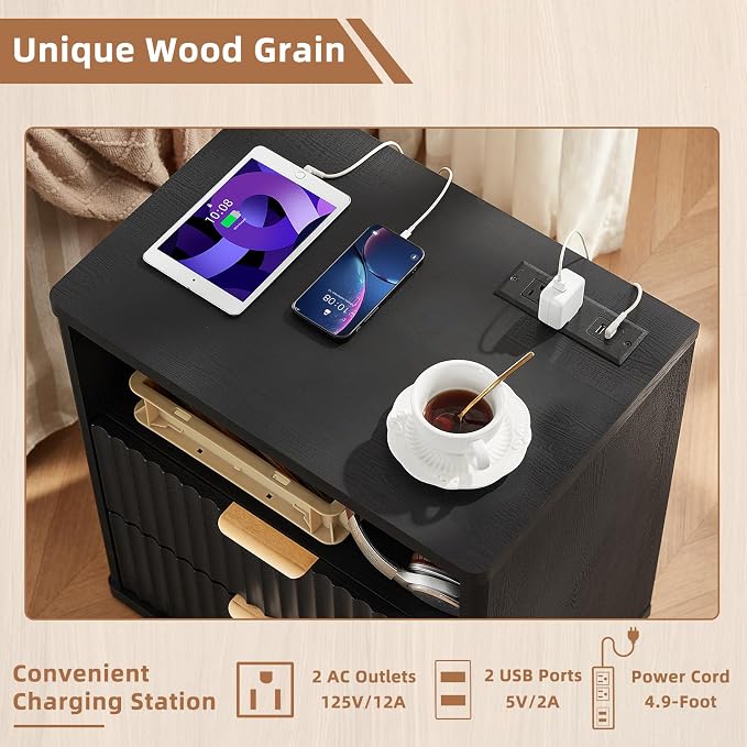 LEYAOYAO Fluted Nightstand with Charging Station, 23" Wide 2 Drawers End Table,Black Night Stand with Open Storage Cabinet, Modern Bed Side Tables, Wood Dresser for Bedroom, Living Room, Closet - Image 7
