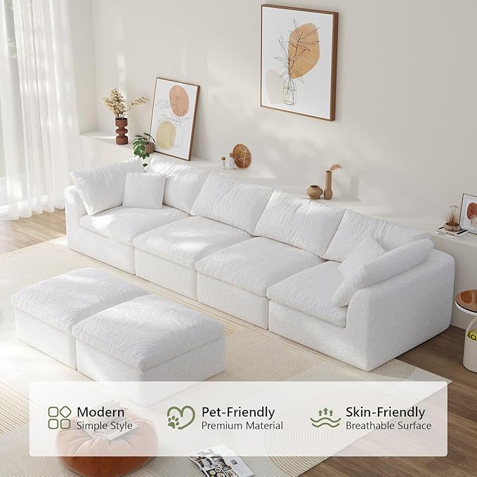 138" Modular Sectional Sofa Boneless Cloud Couch for Living Room, U Shape Deep Seat Recliner Sofa with Ottoman, Adjustable Backrest & 2 Throw Pillows - Covers Washable, (White, 4 Seater+2 Ottoman)