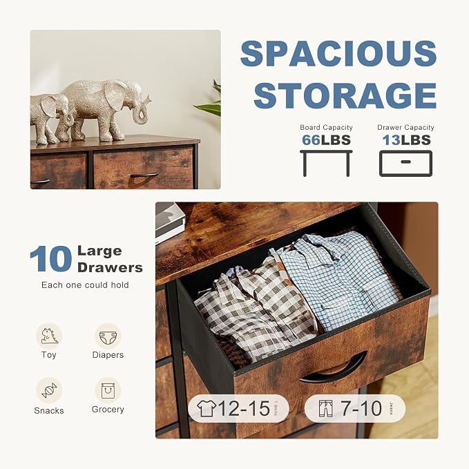 DUMOS Dresser for Bedroom, 10 Storage Drawers, Wide Fabric Closet Chests Organizer Tower Furniture with Wooden Top Metal Frame for Clothes, Guest Room, Living Room, Hallway, Entryway - Image 4