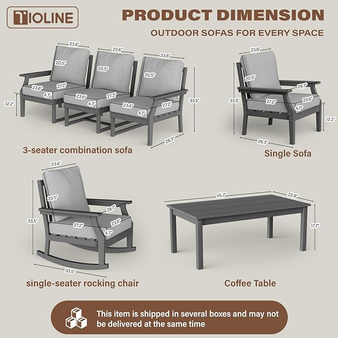 HDPE Patio Conversation Set, 6-Piece All Weather Outdoor Furniture Set with 1 Single Rocking Armchairs for Deck, Lawn, with Cushion, Gray