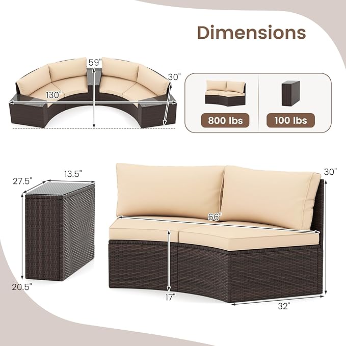 Tangkula 5 Pieces Patio Furniture Set, PE Rattan Half-Moon Curved Sectional Sofas with Tempered Glass Top Side Tables, Outdoor Conversation Set for Porch, Backyard & Poolside (Beige)