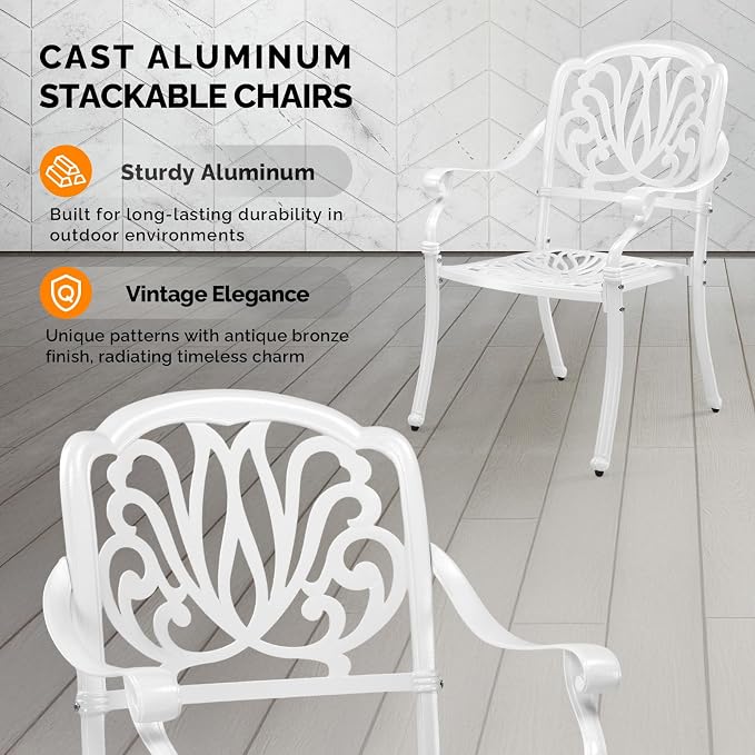 VINGLI Patio Chairs Set of 2 - Stackable Outdoor Cast Aluminum Dining Chairs with Vintage White Finish and Floral Pattern, Metal Armchairs for Poolside, Backyard, Balcony (No Cushion) - Image 4